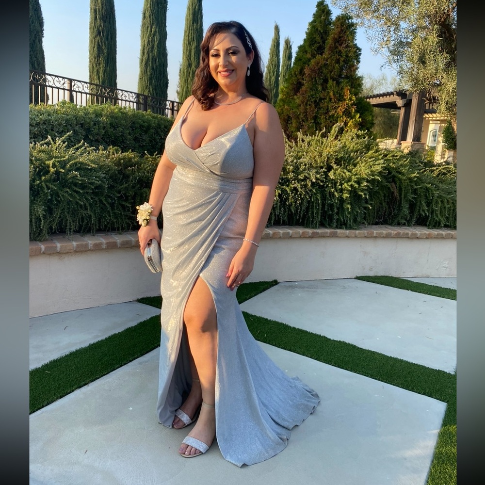 Silver Plunge Neck Slit Gown